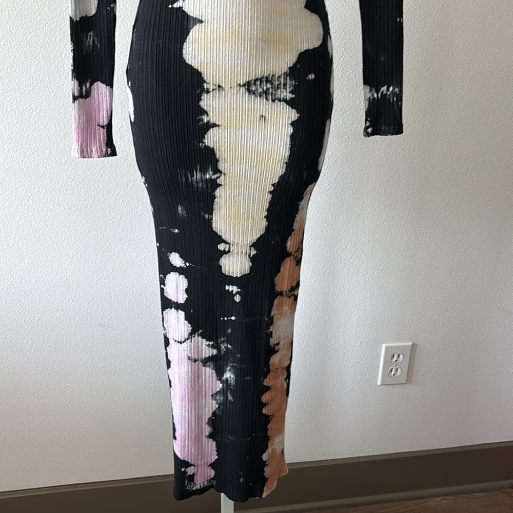 Ribbed Tie-Dye Dress L Bodycon V-Neck Bleach Wash Grunge Indie Sleaze Streetwear - Picture 2 of 13